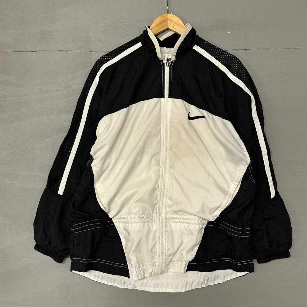 Nike Windbreaker Jacket‎ Black White Full Zip Swoosh Logo Athletic Size M